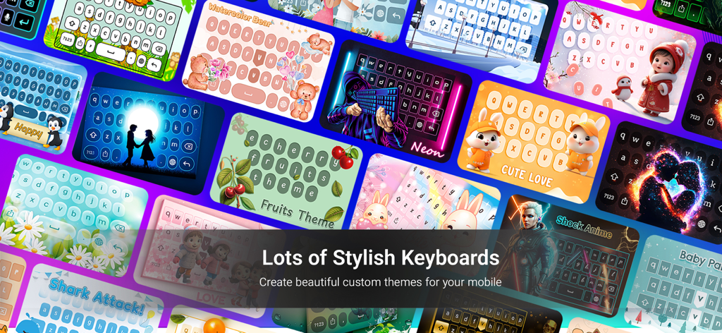 Neon Love Theme - A display of multiple custom keyboard themes including neon anime and cute animal designs
