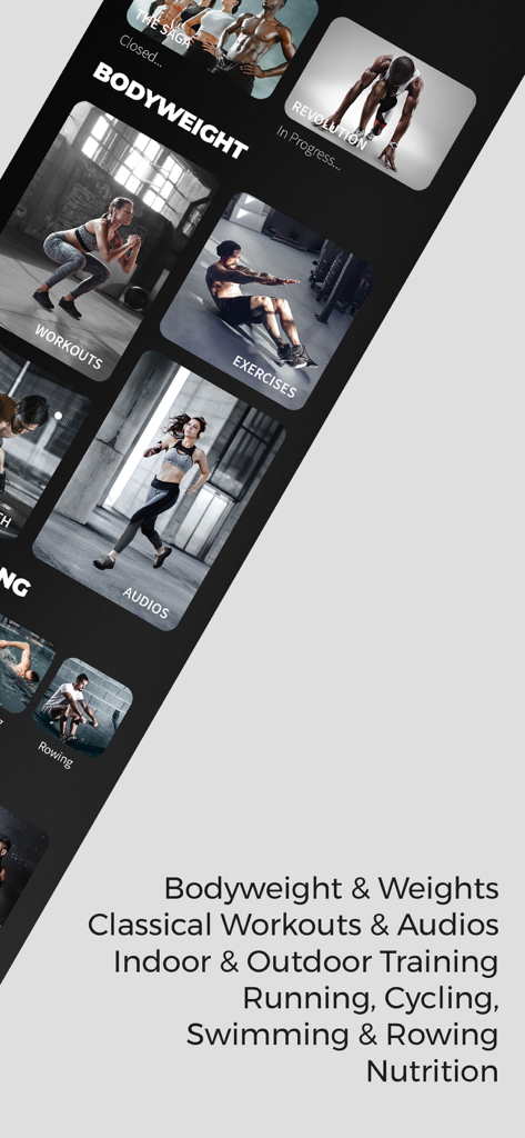 Screenshot of the Goliaz app interface showcasing bodyweight and weighted workout categories, audio guided sessions, and cross-training options like rowing.