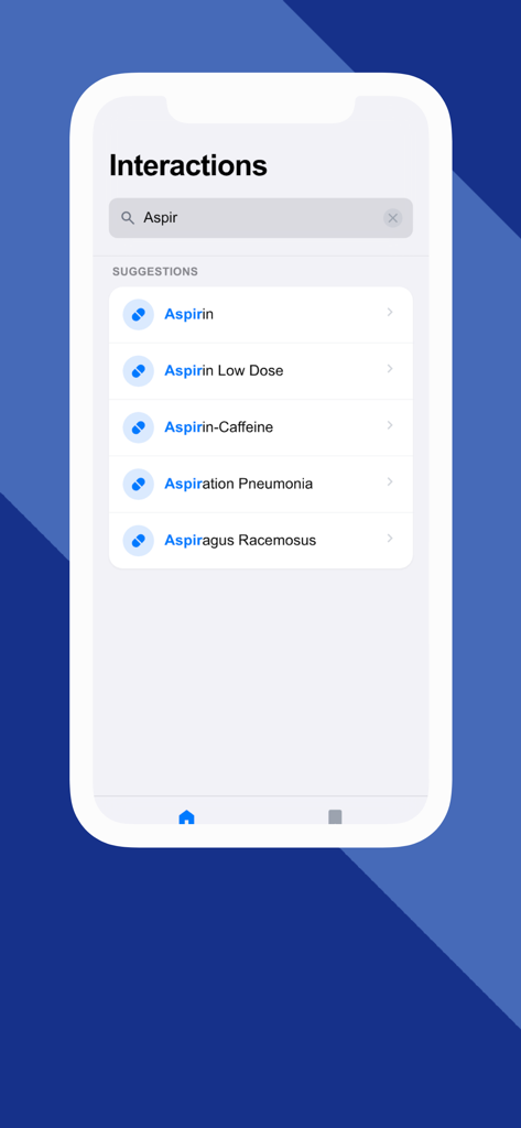 Med Interaction app search screen showing suggestions for aspirin medications.