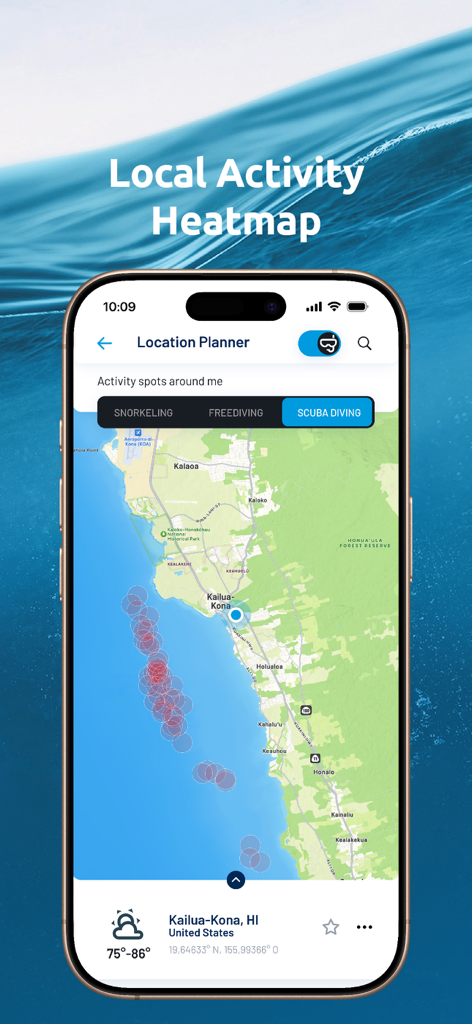 Scuba Diving Computer Oceanic+ - La aplicación Oceanic plus mostrando un mapa térmico de actividad de buceo Scuba en un mapa de Kailua Kona, Hawái