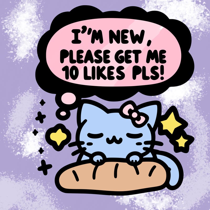 kitty taking a nap dream talking and saying "i'm new, please get me at least 10 likes pls!!"