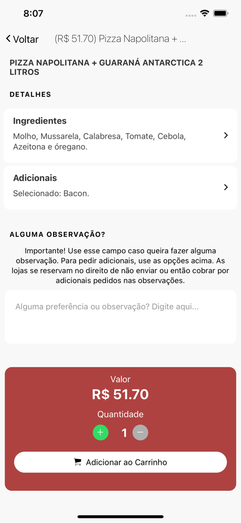 Plus Delivery - Product selection screen for a pizza combo on the Plus Delivery app showing ingredients and price