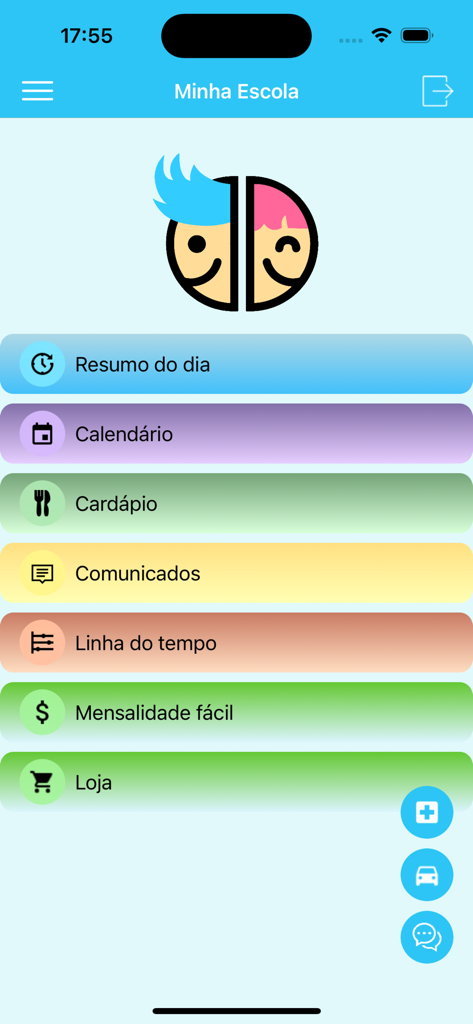 Minha Escola - Menú principal de la aplicación Minha Escola que muestra funciones de agenda escolar como calendario y anuncios