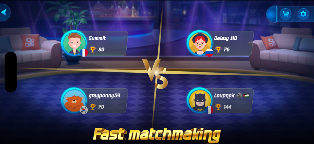 Crazy 8 Online - Fast matchmaking screen in Crazy 8 Online showing four player avatars and their global trophy rankings.