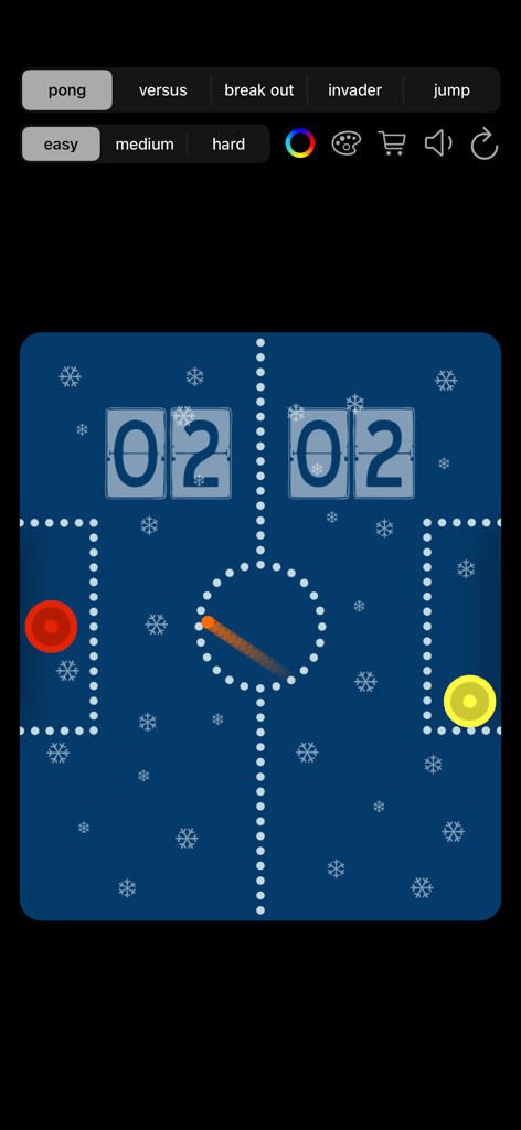 Ping Pong Watch Retro Game interface with a winter theme featuring paddles and scoreboards.