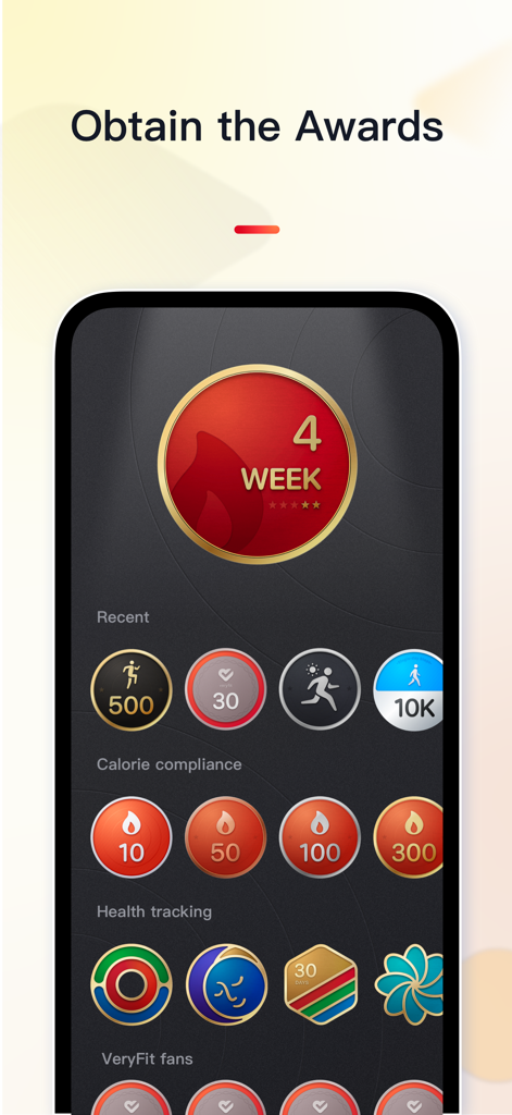 목표 추적에 대한 피트니스 수상 및 달성 배지를 보여주는 VeryFit 앱 인터페이스