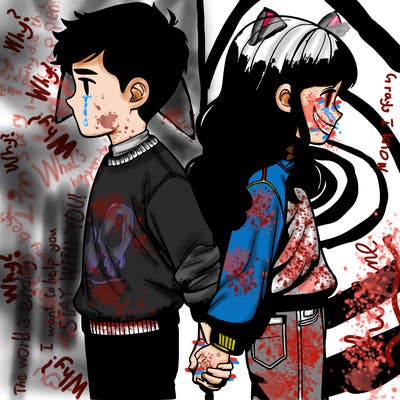 two friends back to back, holding hands, realistic