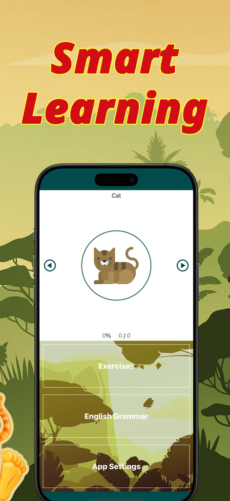 Learning English: Verbs - Menú principal de la aplicación Learning English con el encabezado Smart Learning y práctica de vocabulario