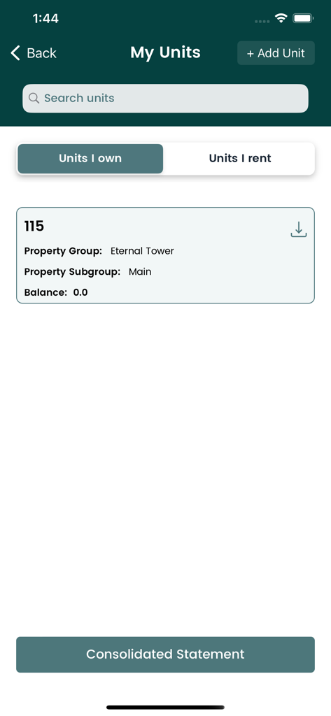 Socienta - Socienta mobile app screen showing managed property units and rent details