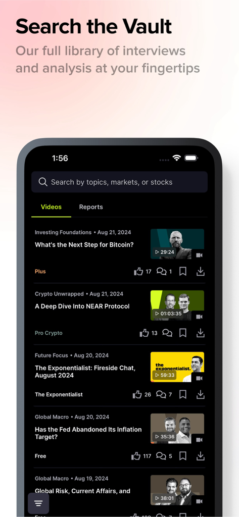 Real Vision mobile app interface showing a searchable library of financial video interviews and market analysis.