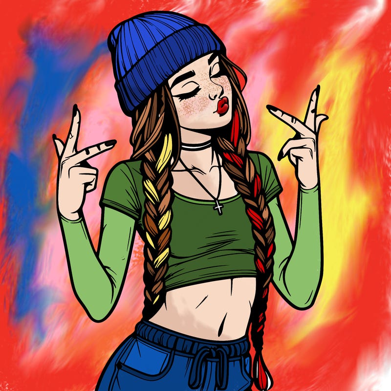 realistic teenage girl with braids and a beanie and crop top doing 🫶🏼