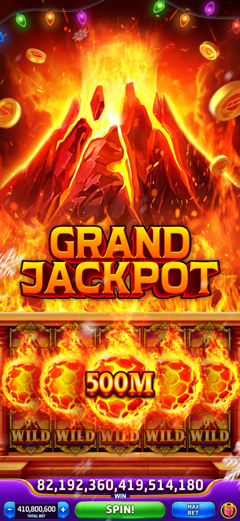 Una vincita di Grand Jackpot su una slot machine a tema vulcano nel gioco mobile Grand Cash Slots