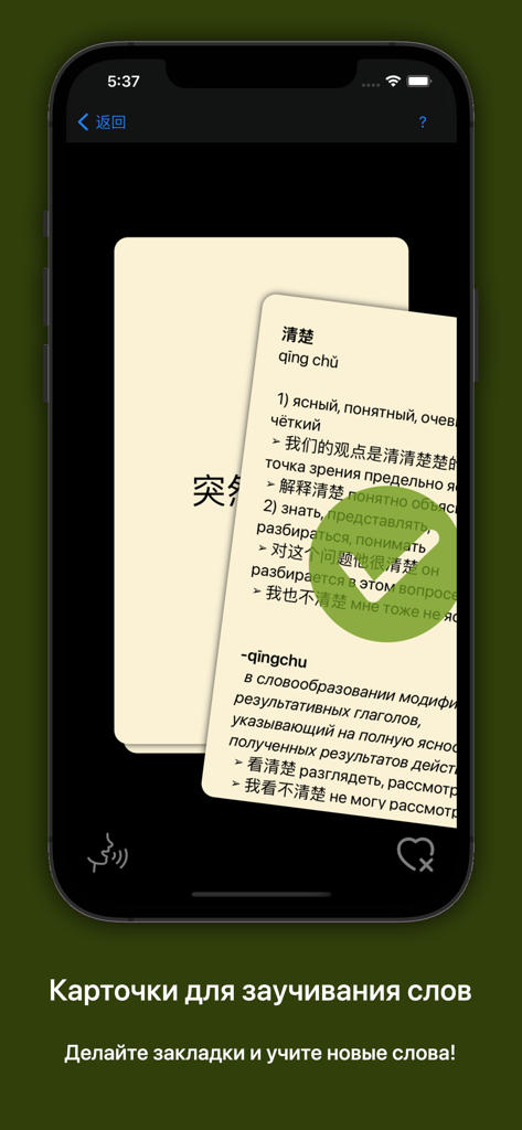 Smartphone screen displaying language learning flashcards with Russian and Chinese word translations and definitions.