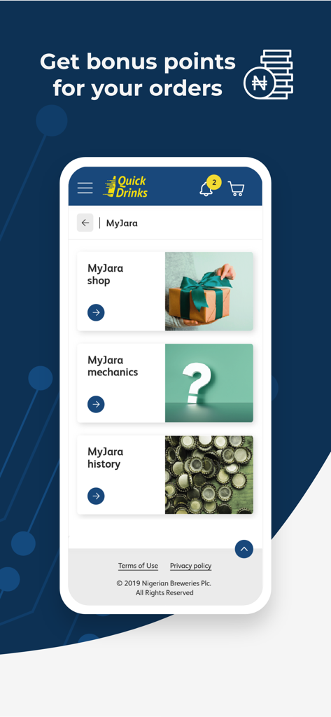 QuickDrinks NG - Interface of the MyJara loyalty program in the QuickDrinks NG app for earning bonus points.
