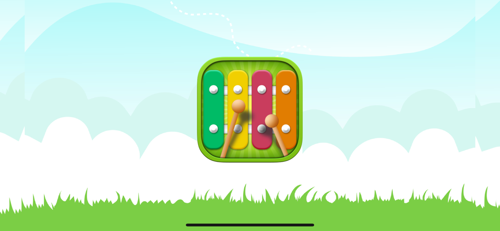 Baby Xylophone With Kids Songs - Icono colorido de xilófono para bebés de cuatro teclas con mazos sobre un fondo de paisaje de dibujos animados brillantes
