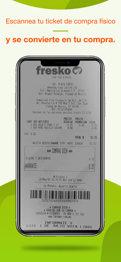 Fresko - Pantalla de smartphone mostrando la aplicación Fresko escaneando un recibo de comestibles físico para convertirlo en un pedido digital