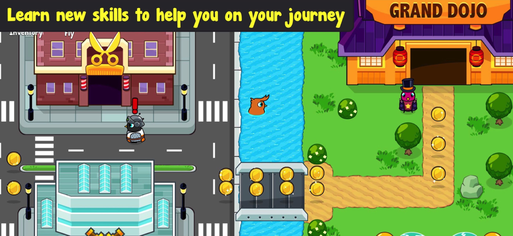 Duck Life 7: Battle - A top down view of a duck character exploring a game world with a dojo and river.