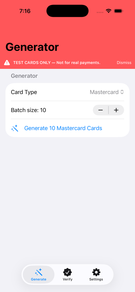 Credit Card Generator - Main interface of the Credit Card Generator app for creating batches of test Mastercard numbers