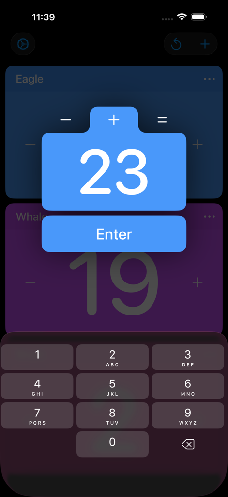 Point Counter - Scoreboard - Una interfaz de aplicación de marcador mostrando un teclado numérico para la entrada manual de puntos en una pantalla de iPhone