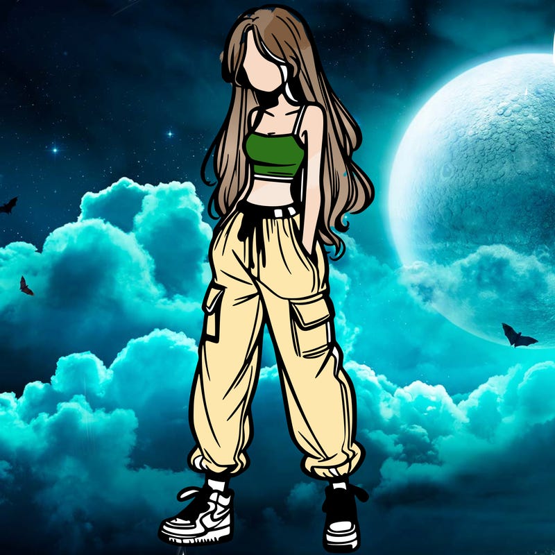 girl in baggy pants crop top and long hair