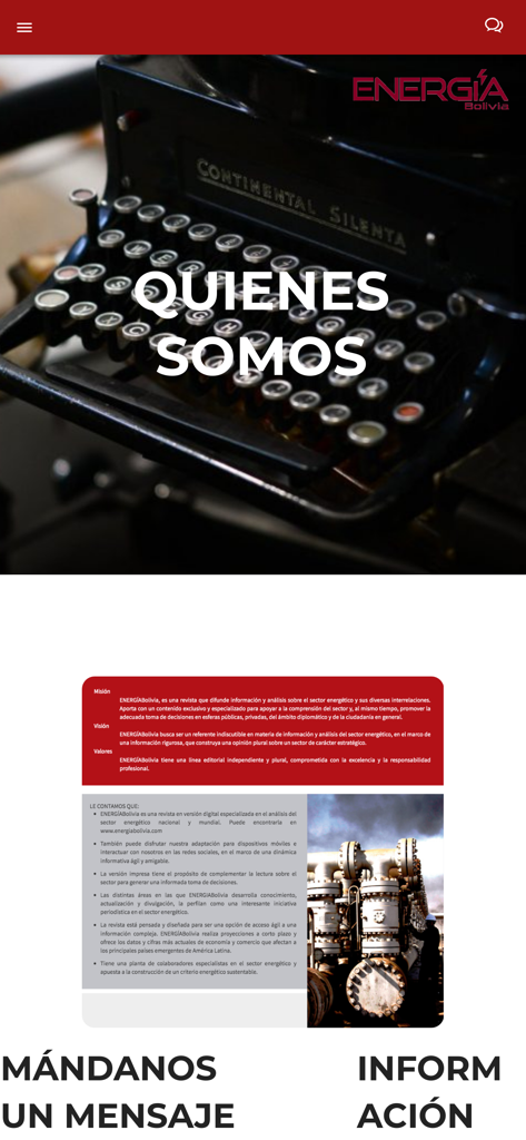 Sezione "Chi siamo" dell'app Energia Bolivia che dettaglia la missione e la visione per l'industria energetica.