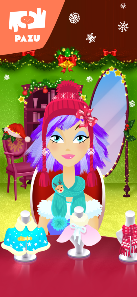 A character with purple hair wearing winter accessories in the Girls Hair Salon Christmas app
