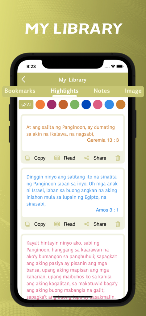 Tagalog Bible - offline - Uma captura de tela mostrando a seção Destaques da tela Minha Biblioteca no aplicativo da Bíblia em Tagalo com vários versículos bíblicos coloridos