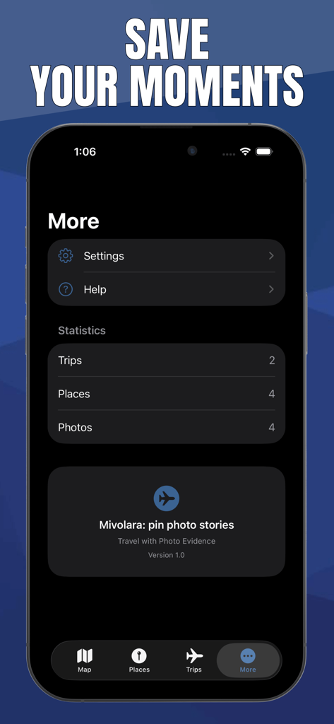 Minichat: find new friends - Statistics page of the Minichat app displaying counts for trips, places, and photos.