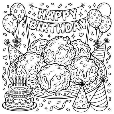 Get ready to celebrate a delicious birthday with this fun coloring page featuring a generous plate of glazed apple fritters. Surrounded by festive balloons, party hats, and a celebratory cake, this printable brings the joy of a sweet party to life.