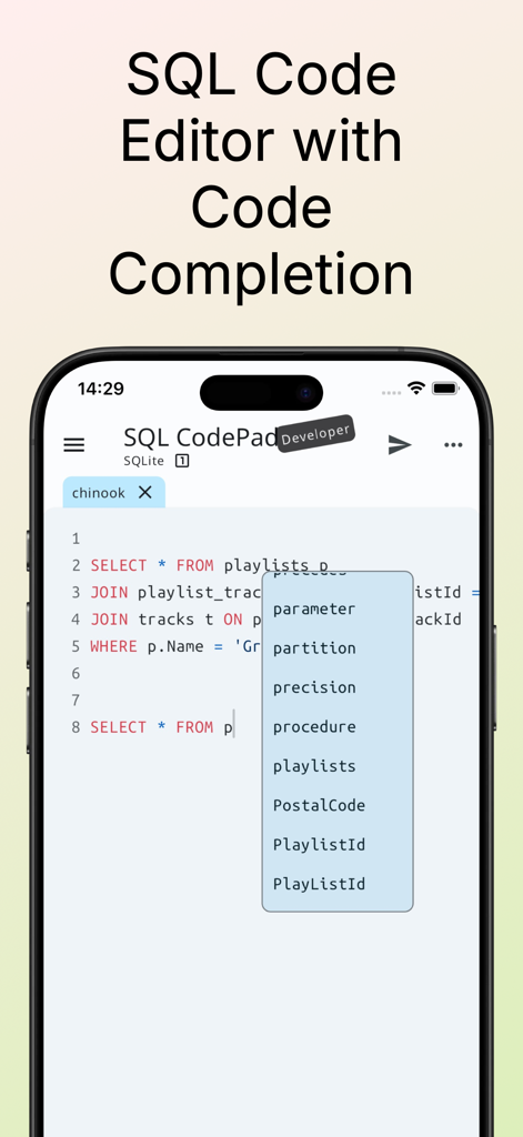 SQL Database Manager DB Client - Editor móvel SQL CodePad mostrando realce de sintaxe e um menu de autocompletar para consultas de banco de dados.