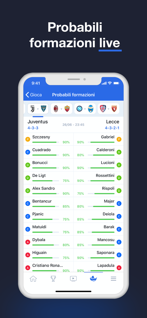 Live probable lineups for a Serie A soccer match in the Fantacalcio app