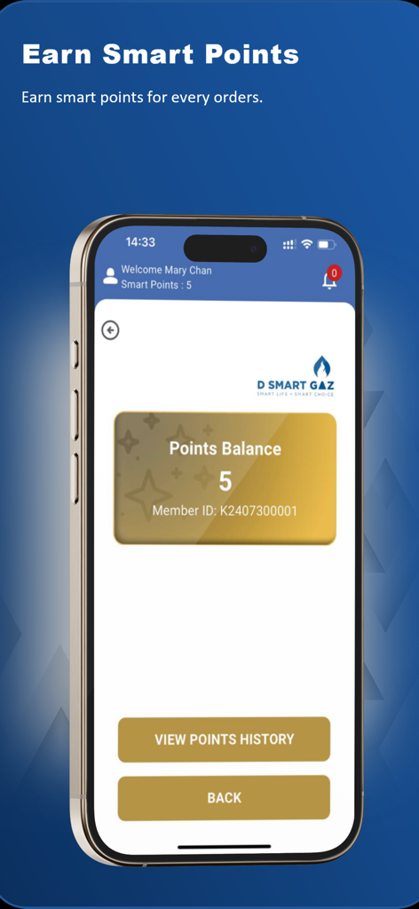D SMART GAZ app showing customer loyalty points balance and membership ID