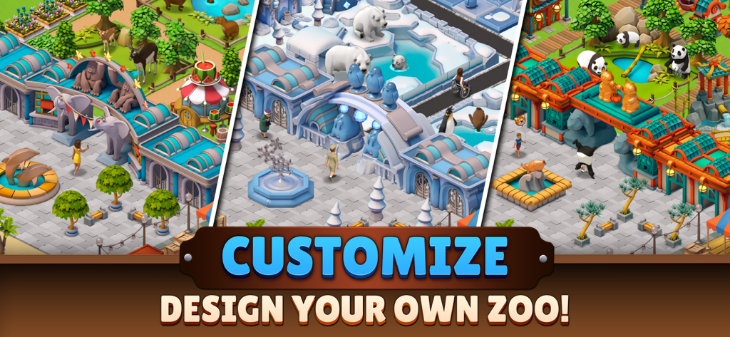 Zoo Life: Animal Park Game - Capturas de pantalla de varios entornos y animales de zoológico, incluyendo osos polares y pandas en Zoo Life