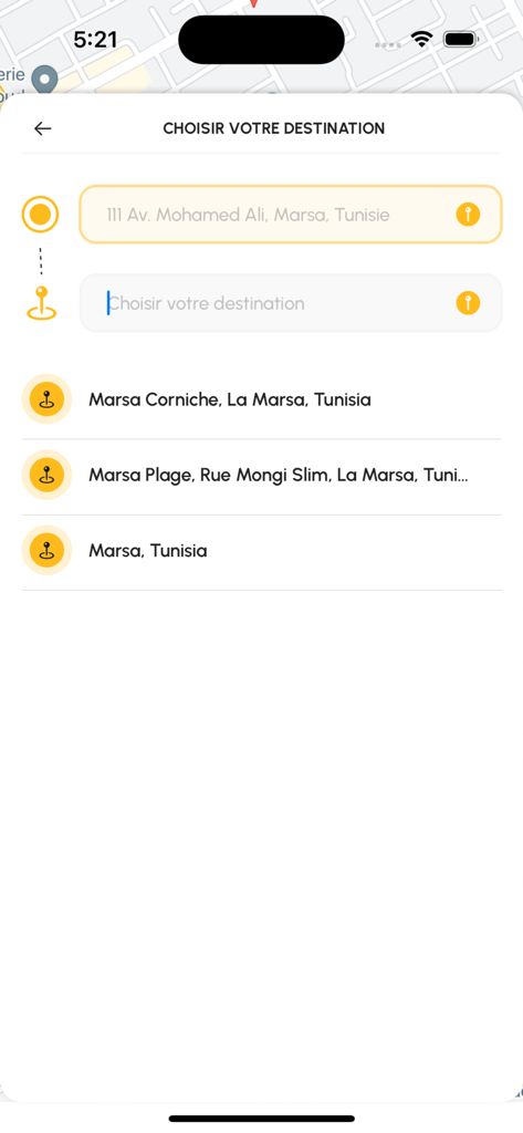 E-Wassalni - E-Wassalniモバイルアプリの目的地選択画面、チュニジアの場所が表示されています