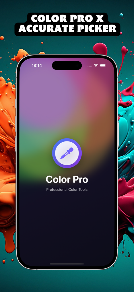 Color Pro X Accurate Picker - Pantalla de inicio de la aplicación Color Pro X Accurate Picker en iPhone con un icono de cuentagotas y un fondo salpicado de colores