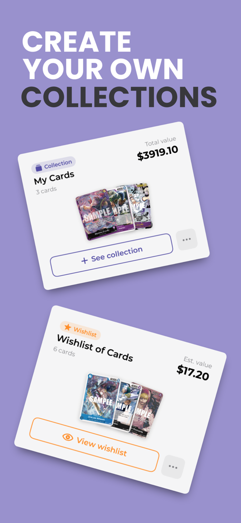 Nika TCG - Screenshot of Nika TCG app showing custom collection cards with total market value and a card wishlist with estimated value.