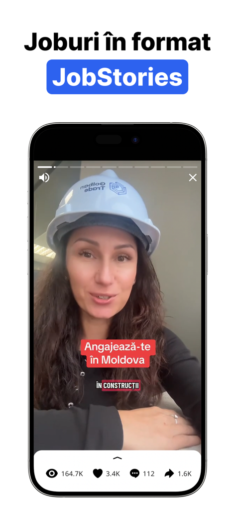Rabota.md - A mobile screen showing a video story for construction job vacancies in Moldova on the Rabota.md app.