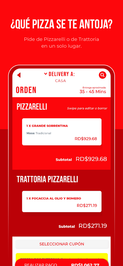 Captura de pantalla de la pantalla de resumen de pedido de la app Pizzarelli que muestra artículos de los menús Pizzarelli y Trattoria listos para entrega