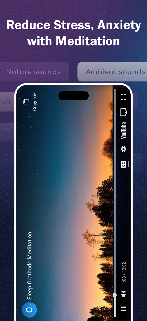 Meditation - Relax & Sleep - Meditation app interface showing a sleep gratitude video tutorial with a sunset landscape to reduce stress and anxiety