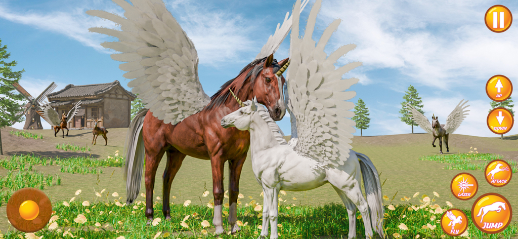 Magic Horse Unicorn Sim - Dos unicornios alados parados en un campo florido con botones de control del juego.