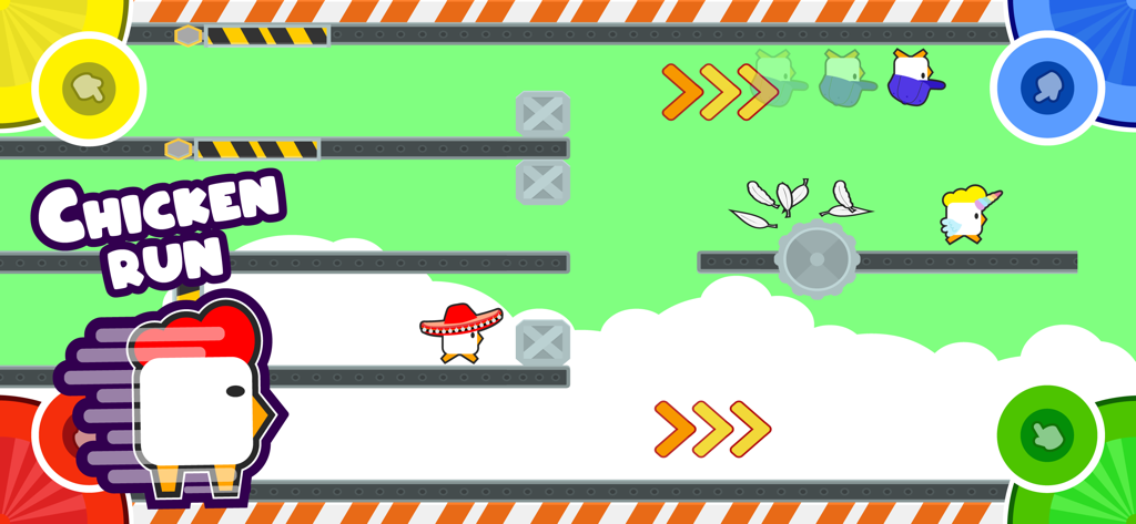 Pantalla de juego del minijuego Carrera de Pollos para cuatro jugadores