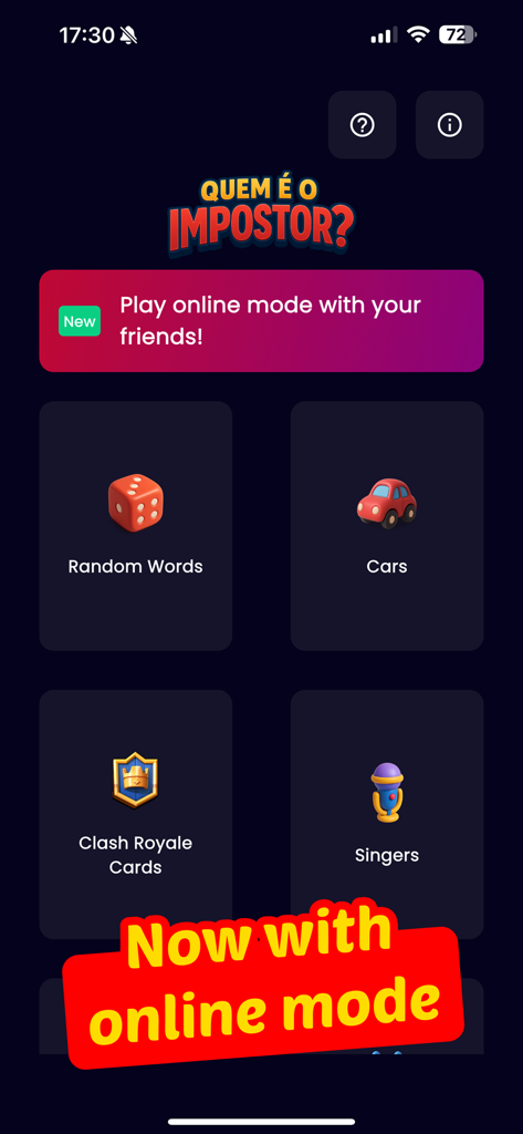 Who is the Impostor? - Menu principal do aplicativo Quem é o Impostor mostrando categorias de jogos como palavras aleatórias e carros com um banner de modo online.