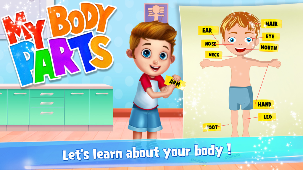 Body Parts - Fun Learning Game - Diagrama educacional interativo para crianças mostrando partes do corpo humano identificadas