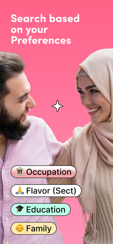 Salams App-Bildschirm mit Suchpräferenzen wie Beruf, Glaubensrichtung, Bildung und Familie, mit einem lächelnden muslimischen Paar