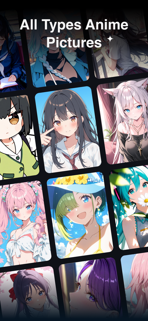 A grid display showing a variety of anime character portraits and art styles created by the AI generator.