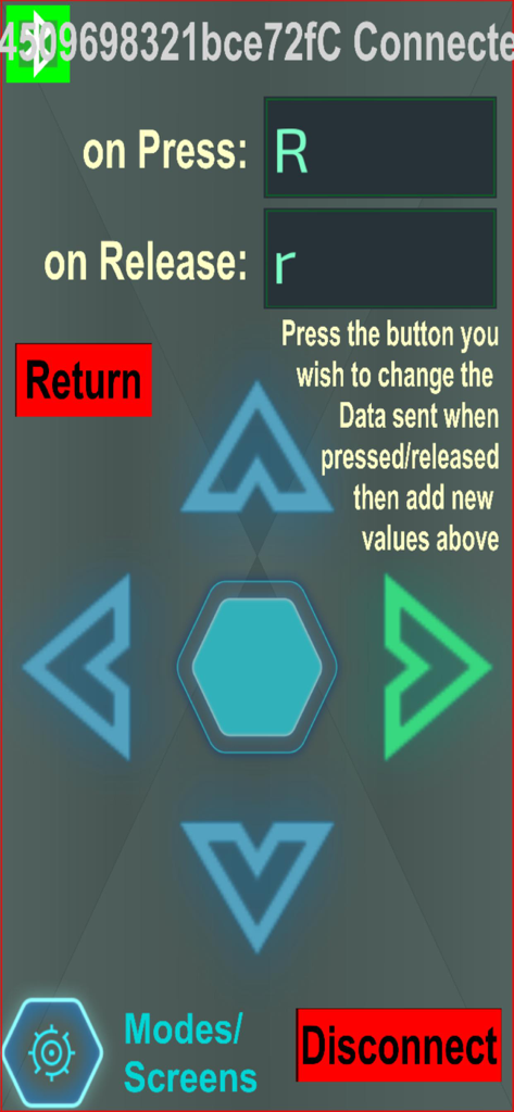 Arduino Bluetooth Pro app interface showing the configuration screen for D-Pad button commands.