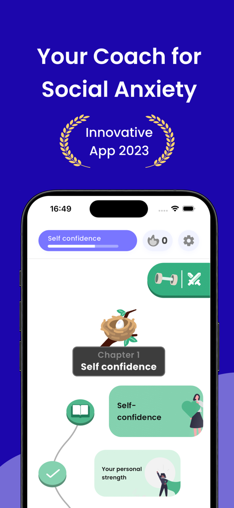 charisme: Social Anxiety Coach - The charisme app home screen showing a gamified learning path for social anxiety and self confidence with chapter progress.