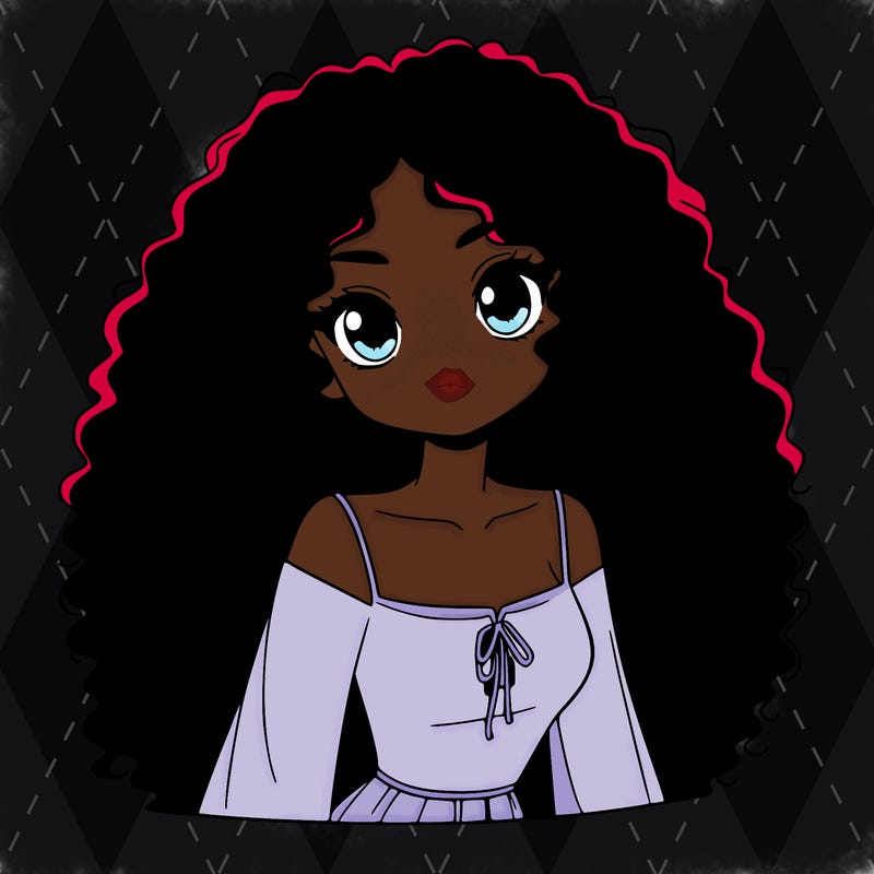 a black anime girl with long afro hair