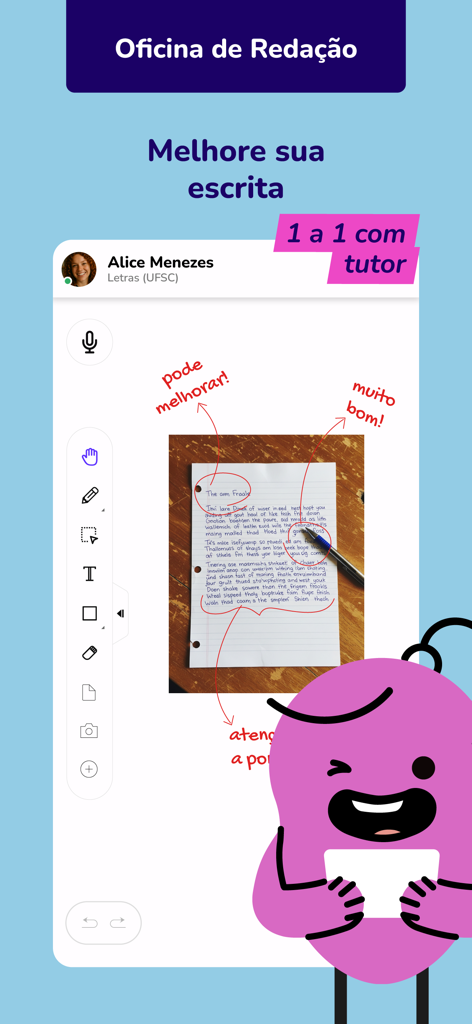 TutorMundi - Uma interface móvel mostrando uma sessão de escrita individual onde um tutor fornece feedback sobre uma redação manuscrita.