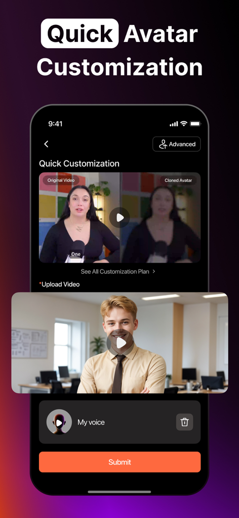AI Video Generator - Virbo - Écran de l'application Virbo montrant la personnalisation de l'avatar IA avec comparaison vidéo originale et clonage vocal.